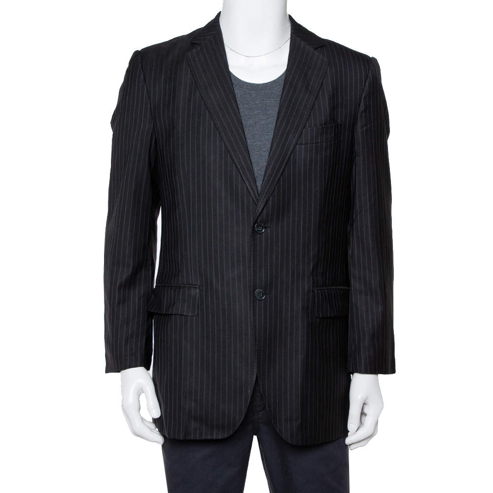 Pre Owned Dolce & Gabbana Black Striped Wool & Silk Button Front Vintage Blazer L