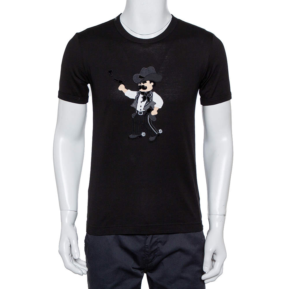 Dolce & Gabbana Black Cotton Lone Cowboy Applique Crewneck T-Shirt XS