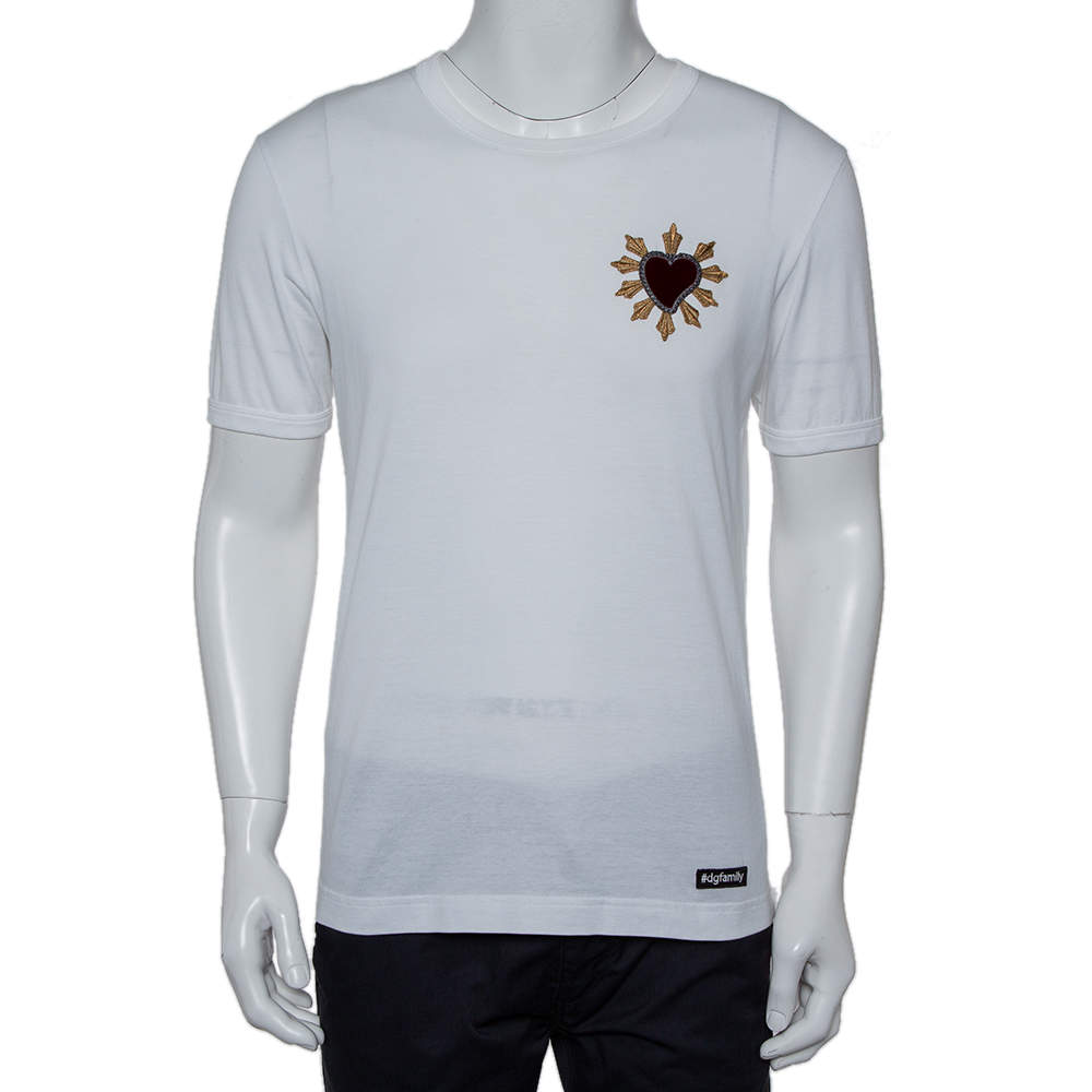 Pre Owned Dolce & Gabbana White Cotton Sacred Heart Applique Crewneck T-Shirt M