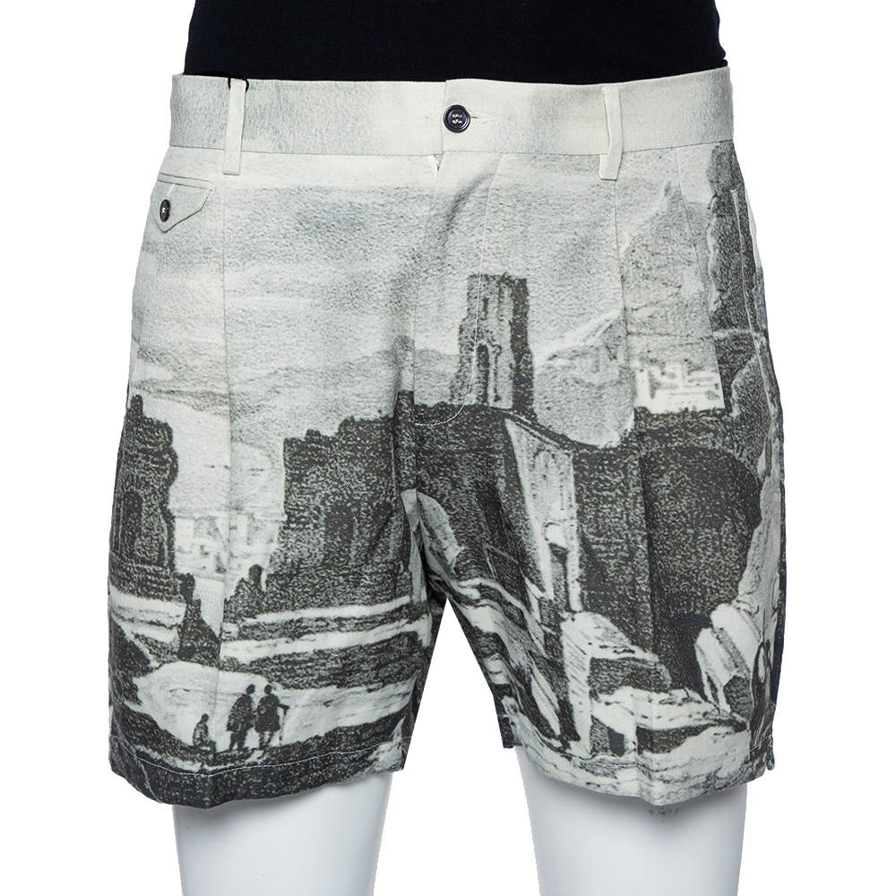 Pre Owned Dolce & Gabbana Green Roman Ruins Printed Cotton Pleated Shorts L
