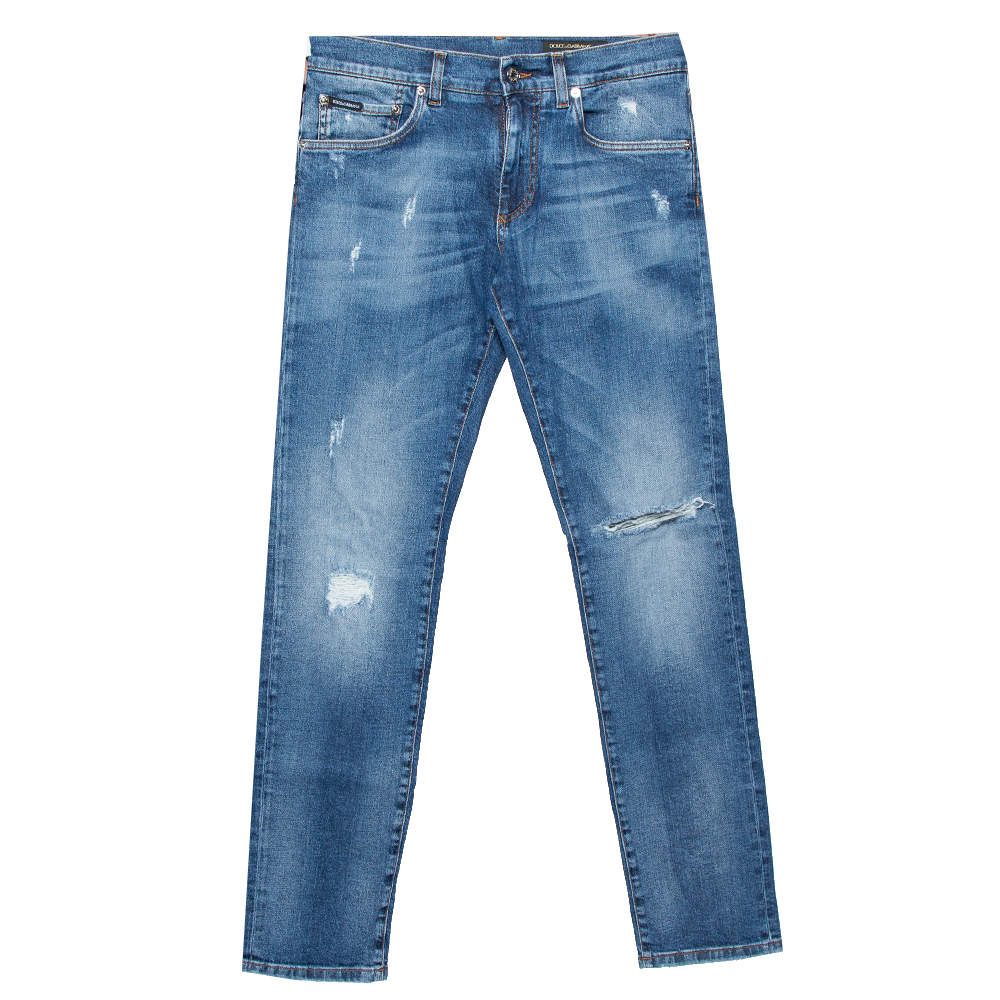 Pre Owned Dolce & Gabbana Navy Blue Faded Denim Distressed Comfort Jeans S