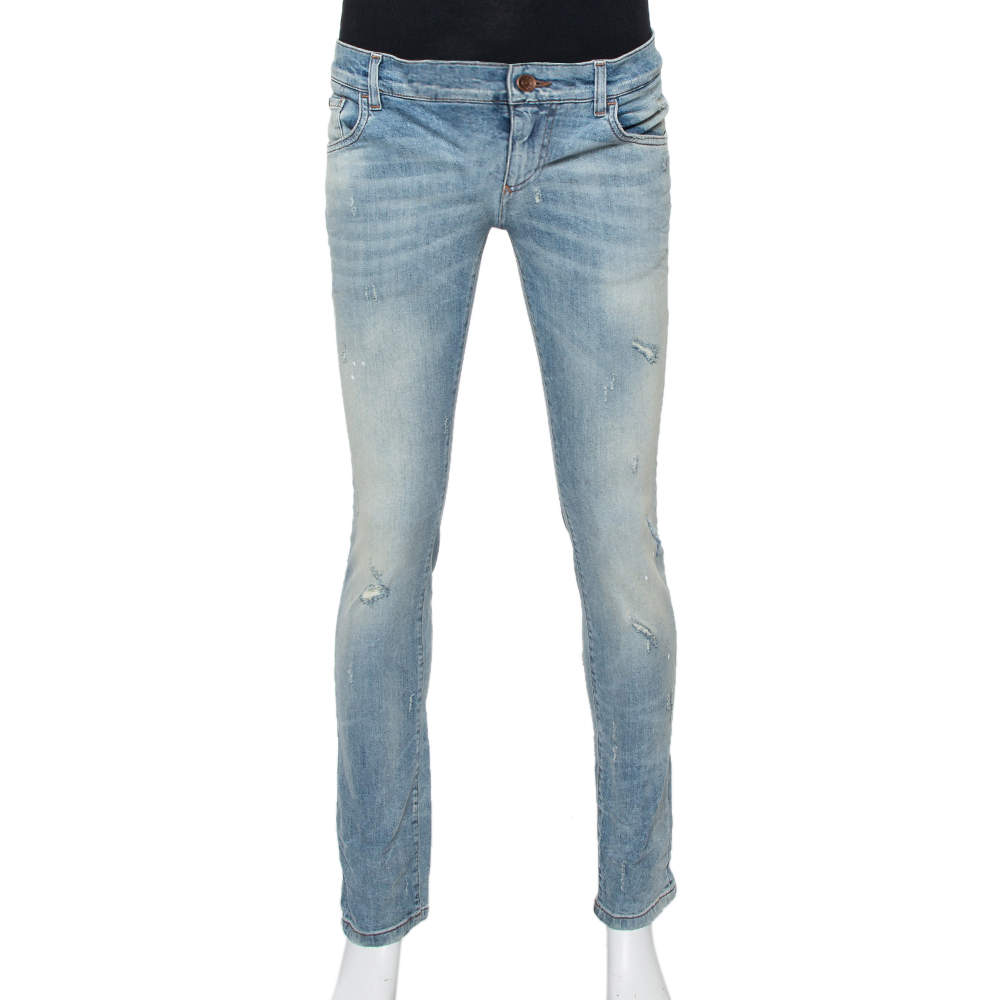 Pre Owned Dolce & Gabbana Blue Faded Denim Distressed Classic Jeans S