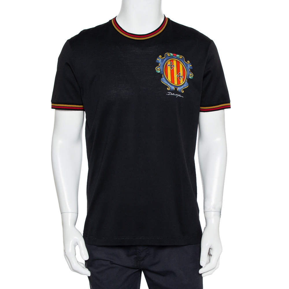 مملوكة مسبقًا Dolce & Gabbana Black Cotton Chest Print Crewneck T-Shirt L