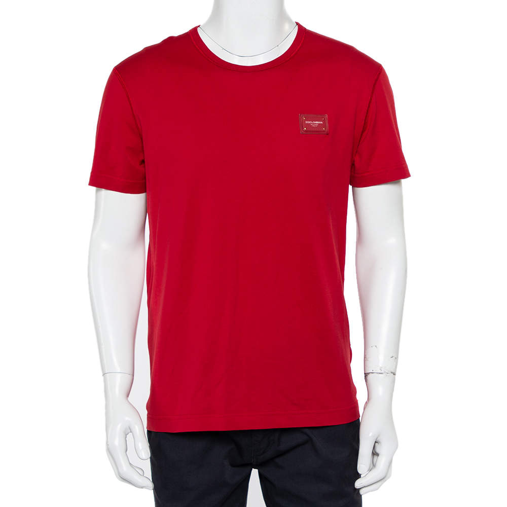 Pre Owned Dolce & Gabbana Red Cotton Logo Plaque Detail T-Shirt L