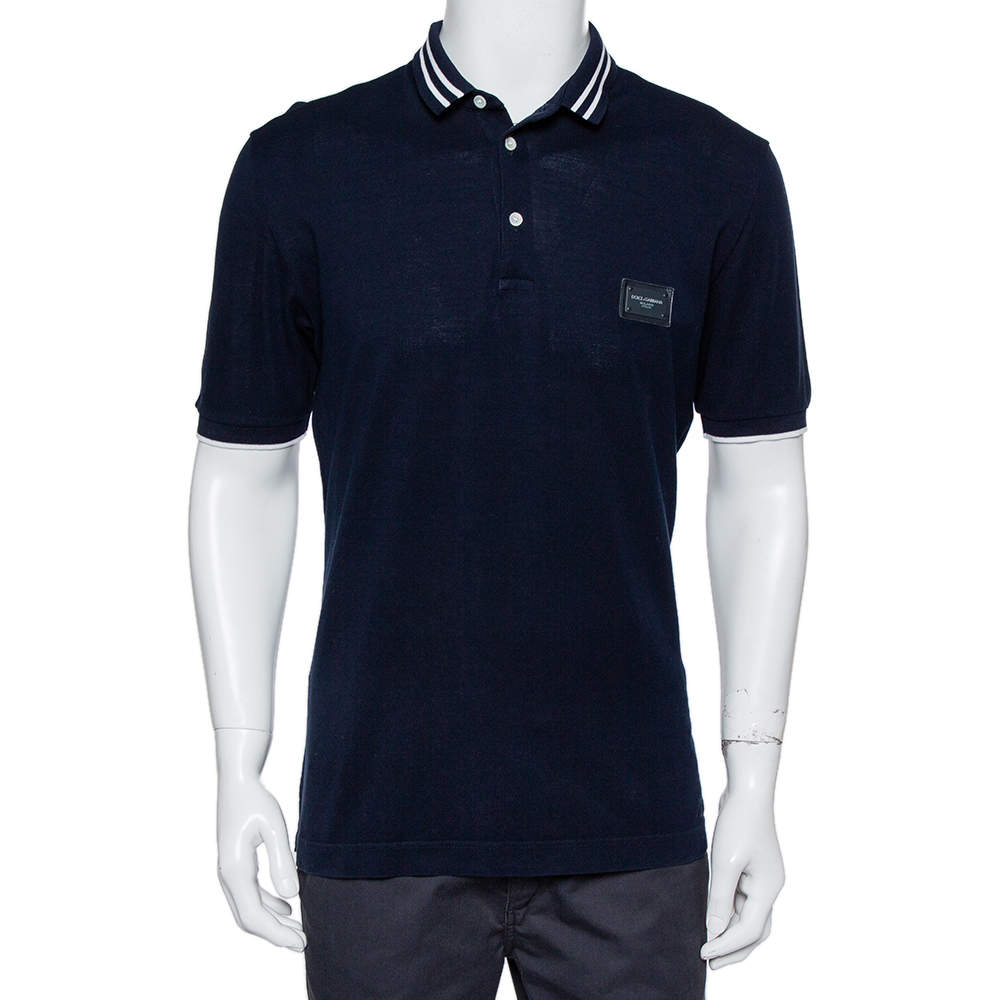 Pre Owned Dolce & Gabbana Navy Blue Cotton Logo Plaque Detail Polo T-Shirt L