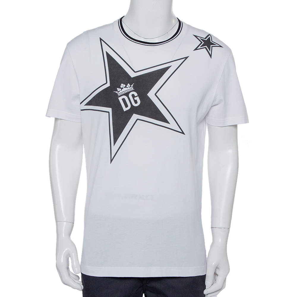 Pre Owned Dolce & Gabbana White Cotton DG Star Millennials Crewneck T-Shirt L