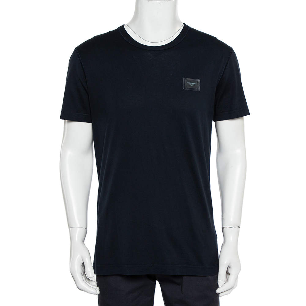 Pre Owned Dolce & Gabbana Navy Blue Cotton Logo Patch Detail Crewneck T-Shirt L