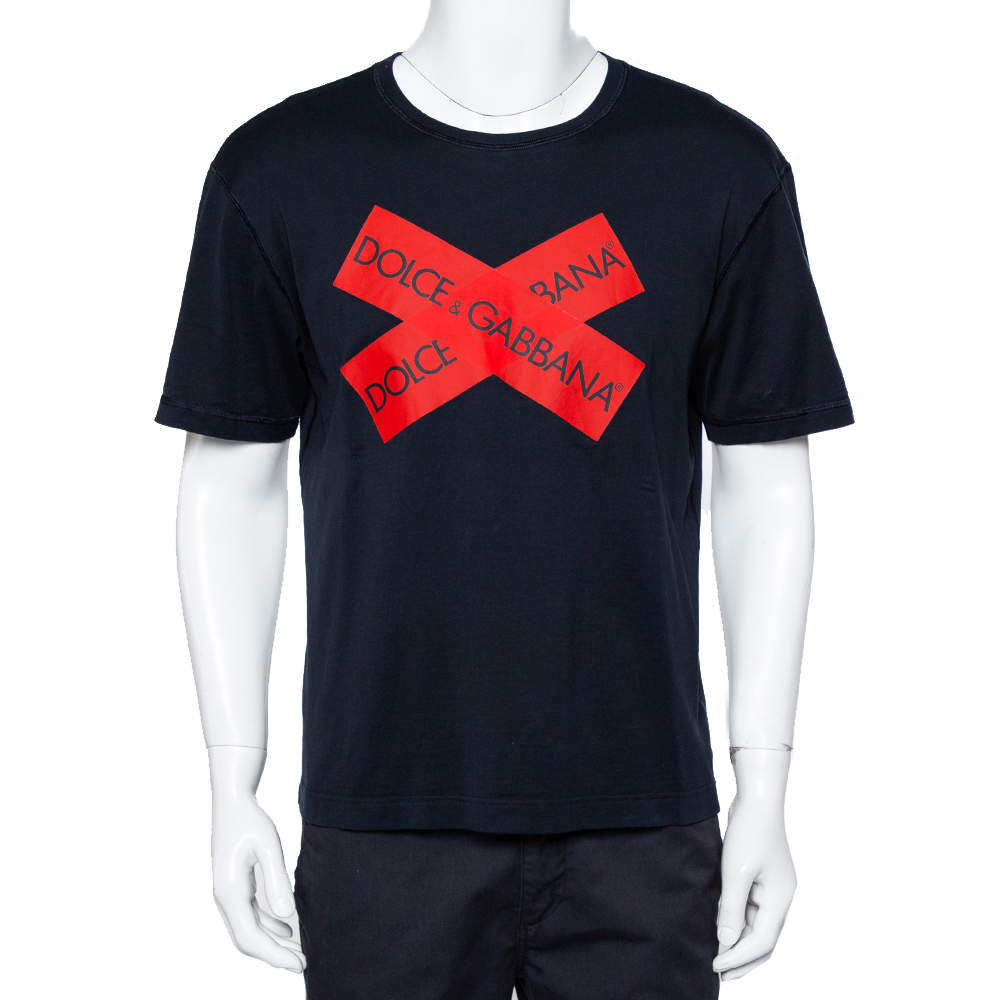 مملوكة مسبقًا Dolce & Gabbana Navy Blue Cotton Logo Printed Crewneck T-Shirt S