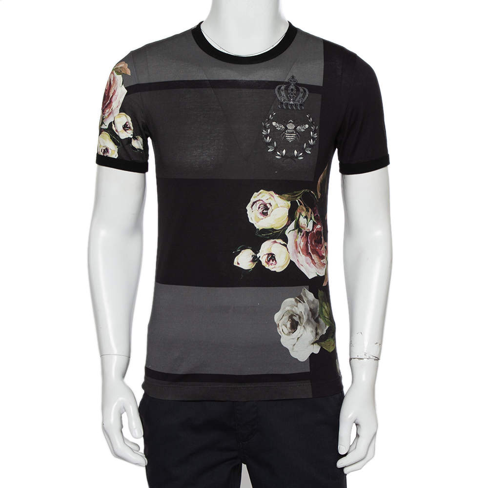 Pre Owned Dolce & Gabbana Charcoal Grey Floral Printed Cotton Crewneck T-Shirt XS