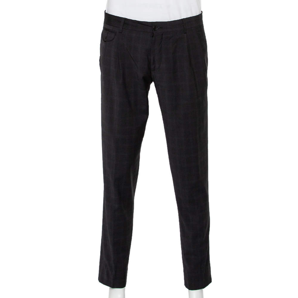 Pre Owned Dolce & Gabbana Charcoal Grey Checkered Wool Tapered Leg Pants L