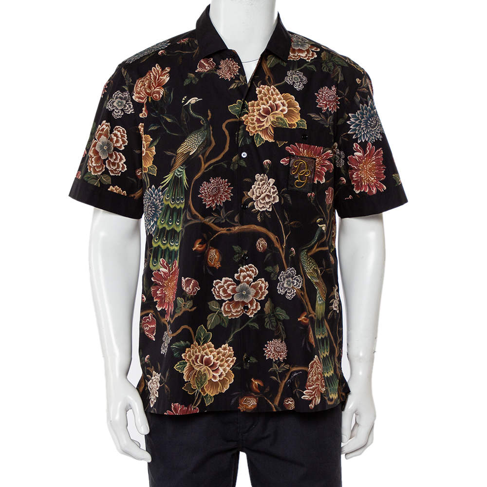 Pre Owned Dolce & Gabbana Black Floral Printed Cotton Applique Detail Short Sleeve Shirt M
