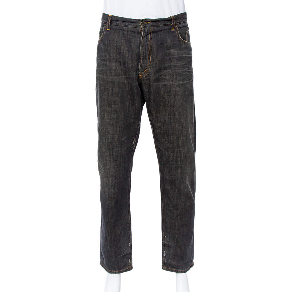 مملوكة مسبقًا بنطلون جينز دولتشي أند غابانا دنيم ممزق نمط باهت رمادي أخضر 22 مقاس كبير جدا جدا