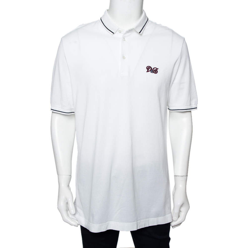 Pre Owned Dolce & Gabbana White Logo Embroidered Cotton Pique Polo T-Shirt XXL