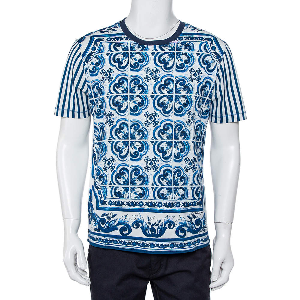 Pre Owned Dolce & Gabbana White Striped Majolica Printed Crewneck T-Shirt M