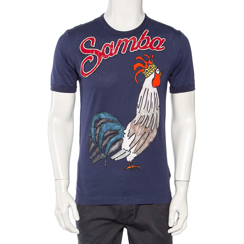Dolce & Gabbana Navy Blue Samba Sequined Rooster Print Cotton T-Shirt L
