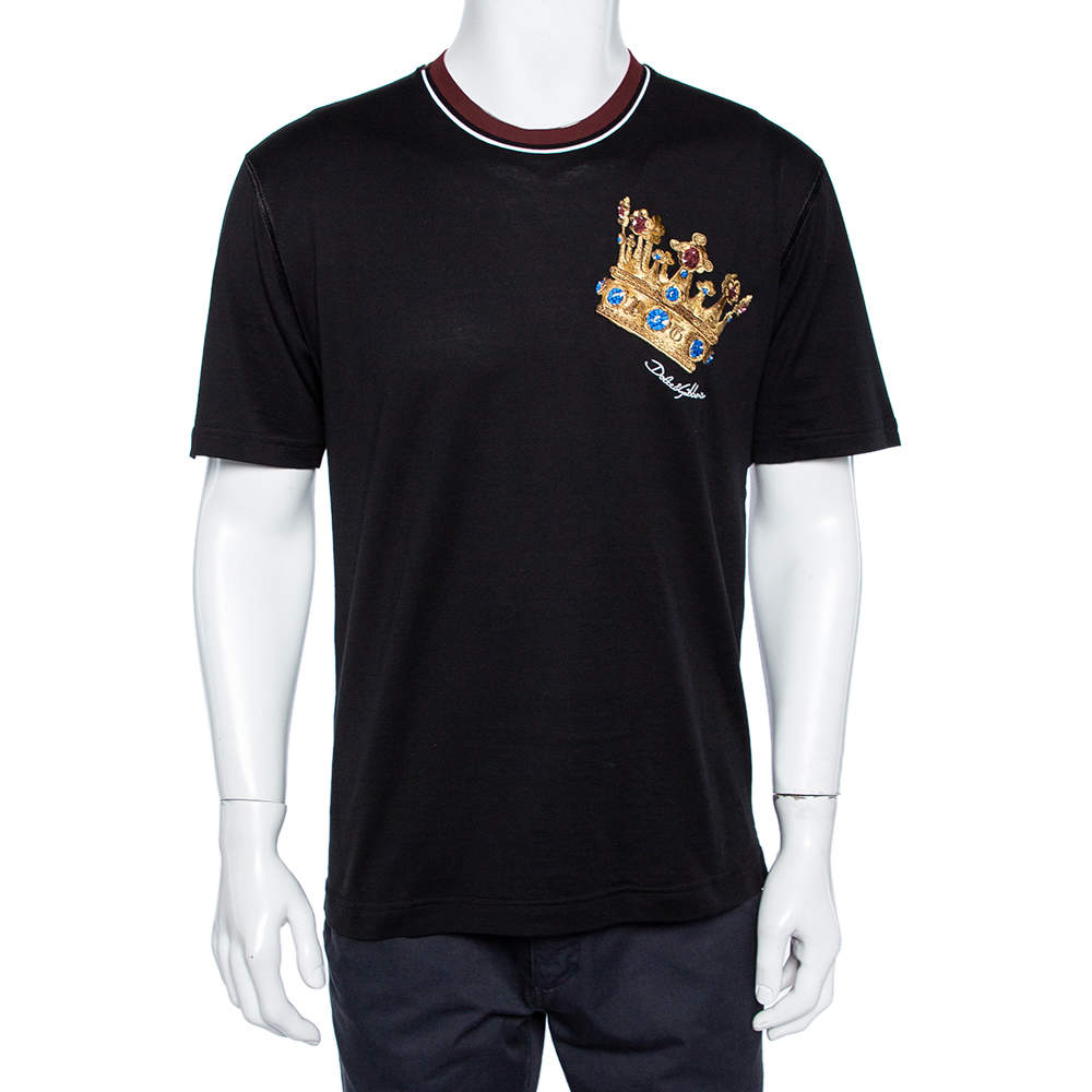 مملوكة مسبقًا Dolce & Gabbana Black Chest Embroidered King Crew Neck T-Shirt M