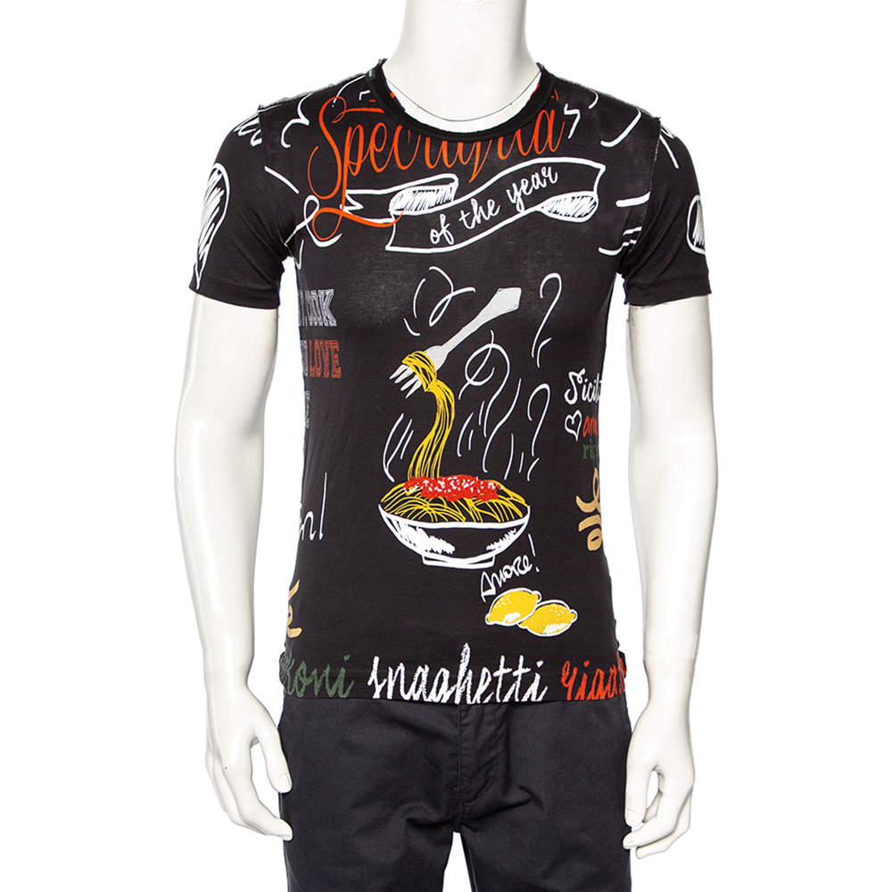 مملوكة مسبقًا Dolce & Gabbana Black Spaghetti Printed Cotton Crewneck T-Shirt S