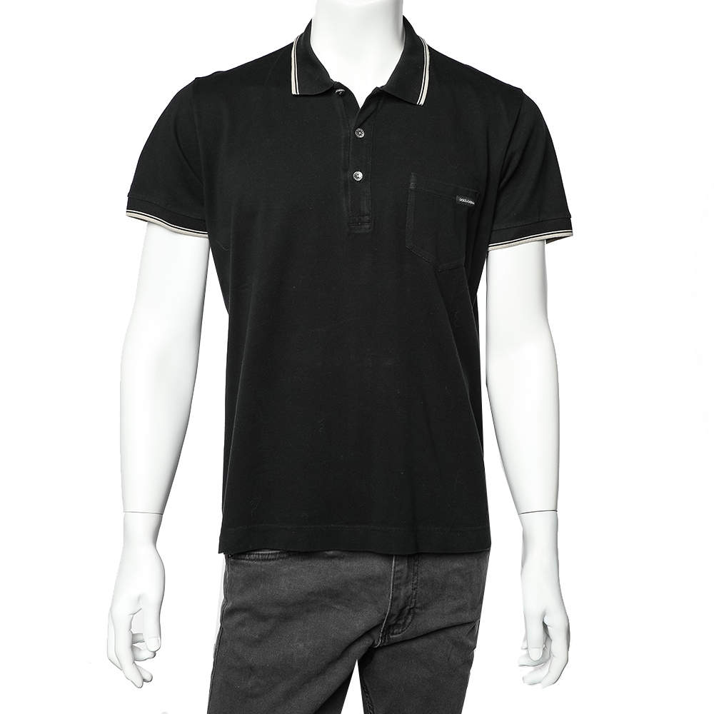 Pre Owned Dolce & Gabbana Black Cotton Pique Contrast Stripe Detail Polo T-Shirt 3XL