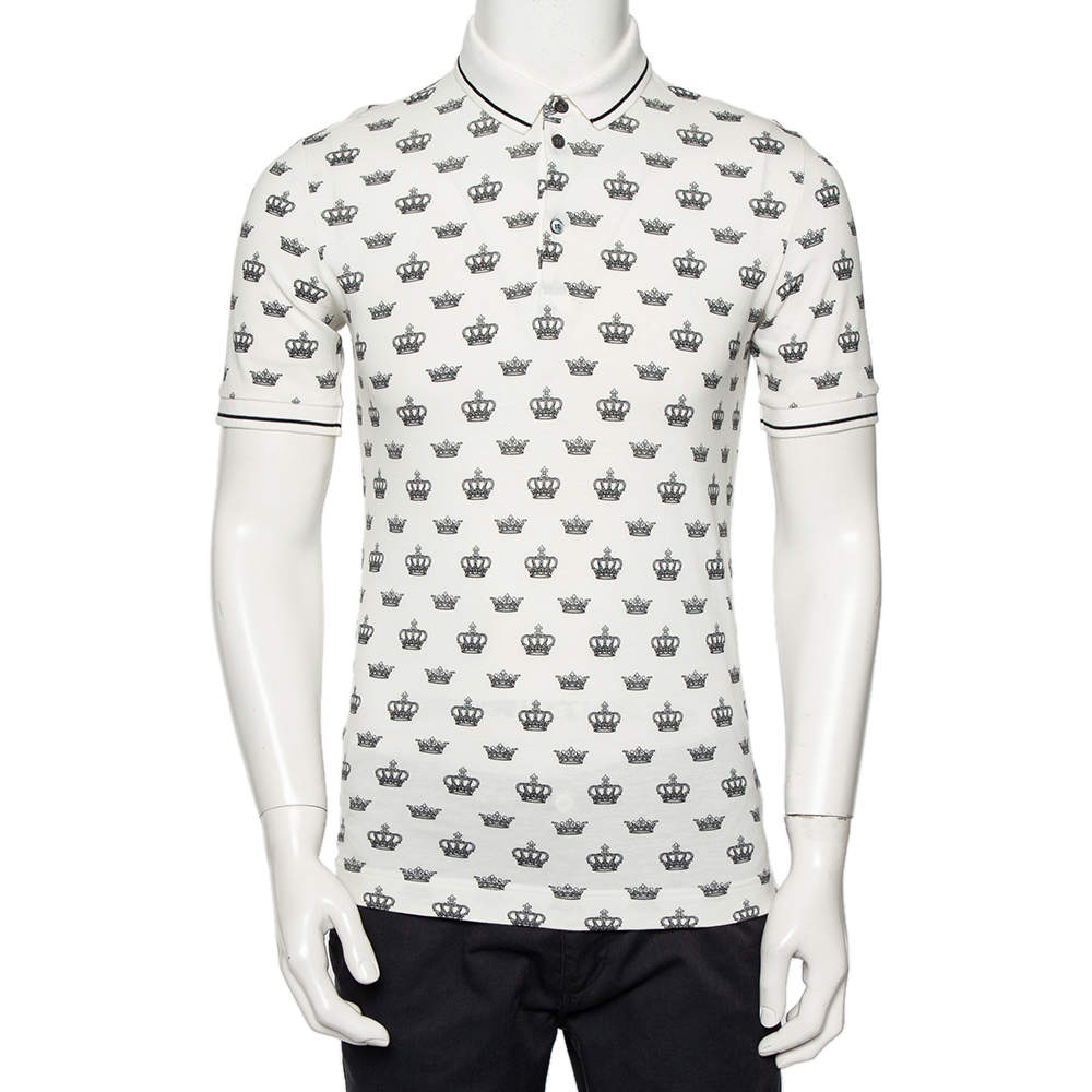 Pre Owned Dolce & Gabbana White Crown Printed Cotton Pique Polo T-Shirt M