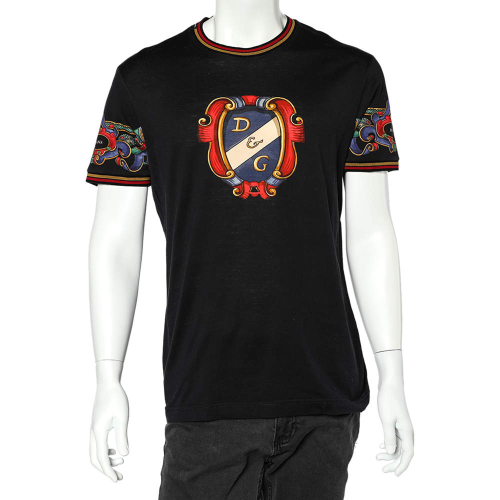 مملوكة مسبقًا Dolce & Gabbana Black Heraldic Print Cotton Crew Neck T-Shirt L