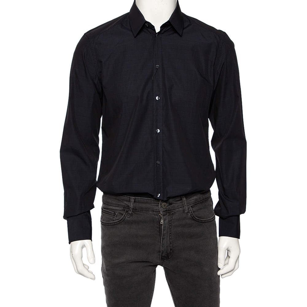 مملوكة مسبقًا Dolce & Gabbana Navy Blue Check Patterned Cotton Shirt M 