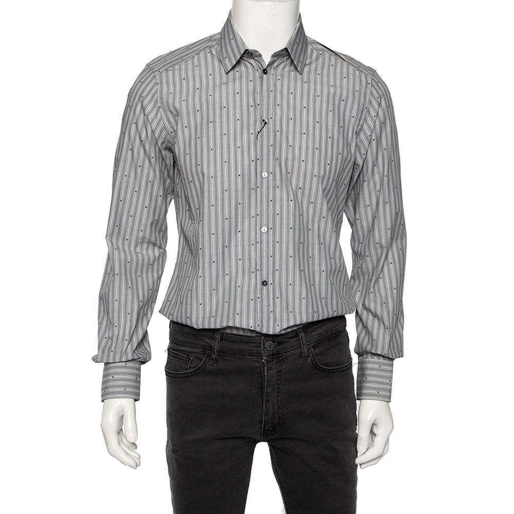 Pre Owned Dolce & Gabbana Grey Striped Cotton Embroidered Detail Gold Fit Shirt M