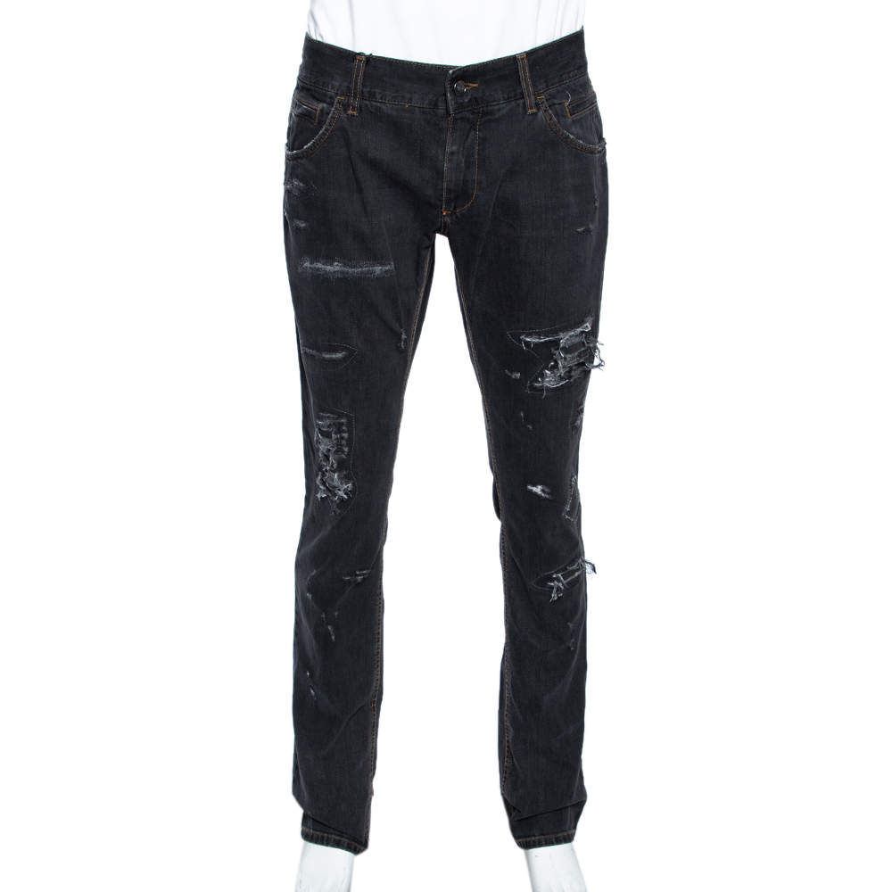Pre Owned Dolce & Gabbana Charcoal Grey Distressed Denim Jeans L
