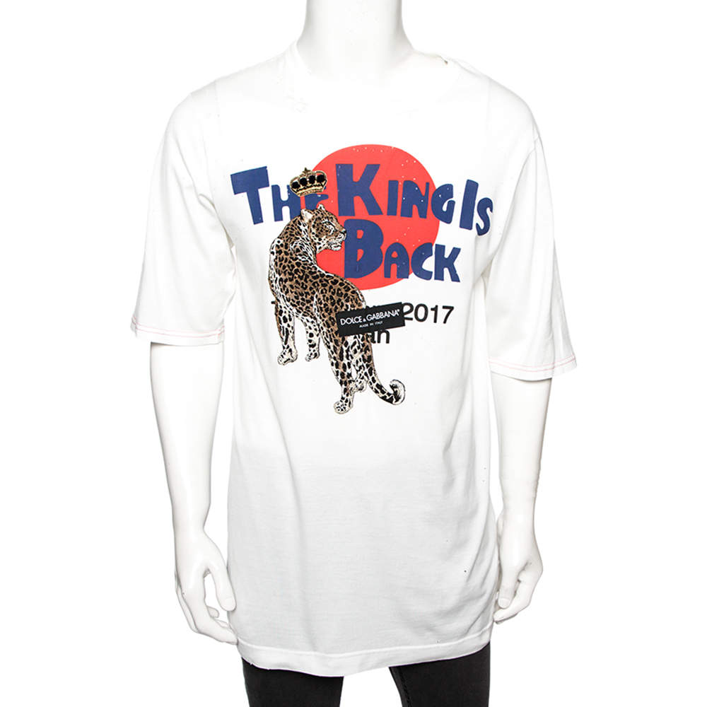 Pre Owned Dolce & Gabbana White Distressed Cotton King Is Back Printed T-Shirt S 