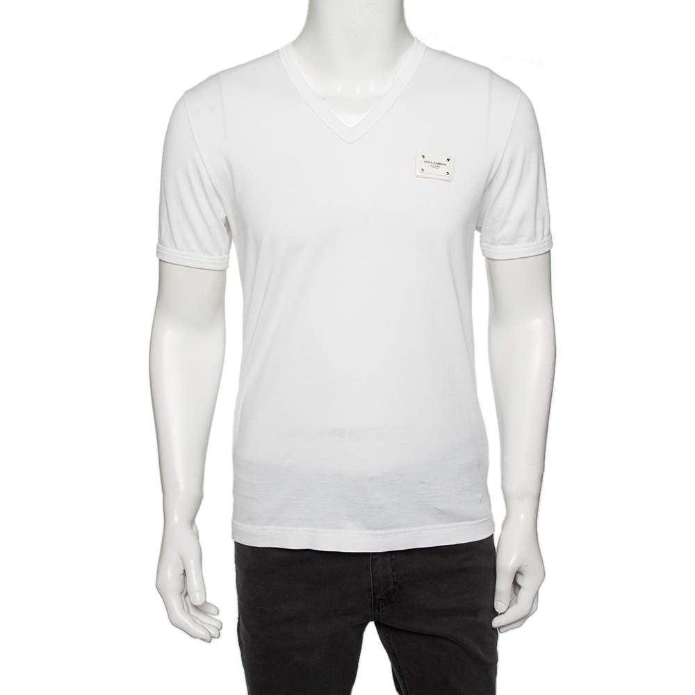 Pre Owned Dolce & Gabbana White Cotton Logo Plaque Detail V-Neck T-Shirt L 