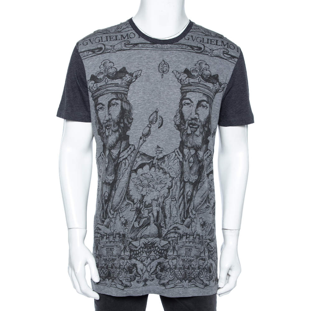 Pre Owned Dolce & Gabbana Dark Grey Norman King Print Cotton T-Shirt XXL 