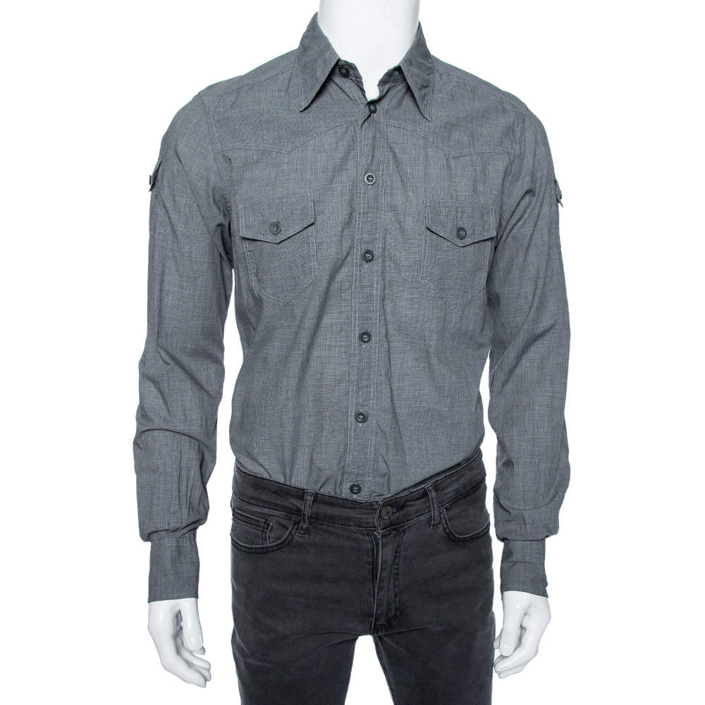 Pre Owned Dolce & Gabbana Grey Micro Checkered Cotton Sicilia Fit Shirt M 