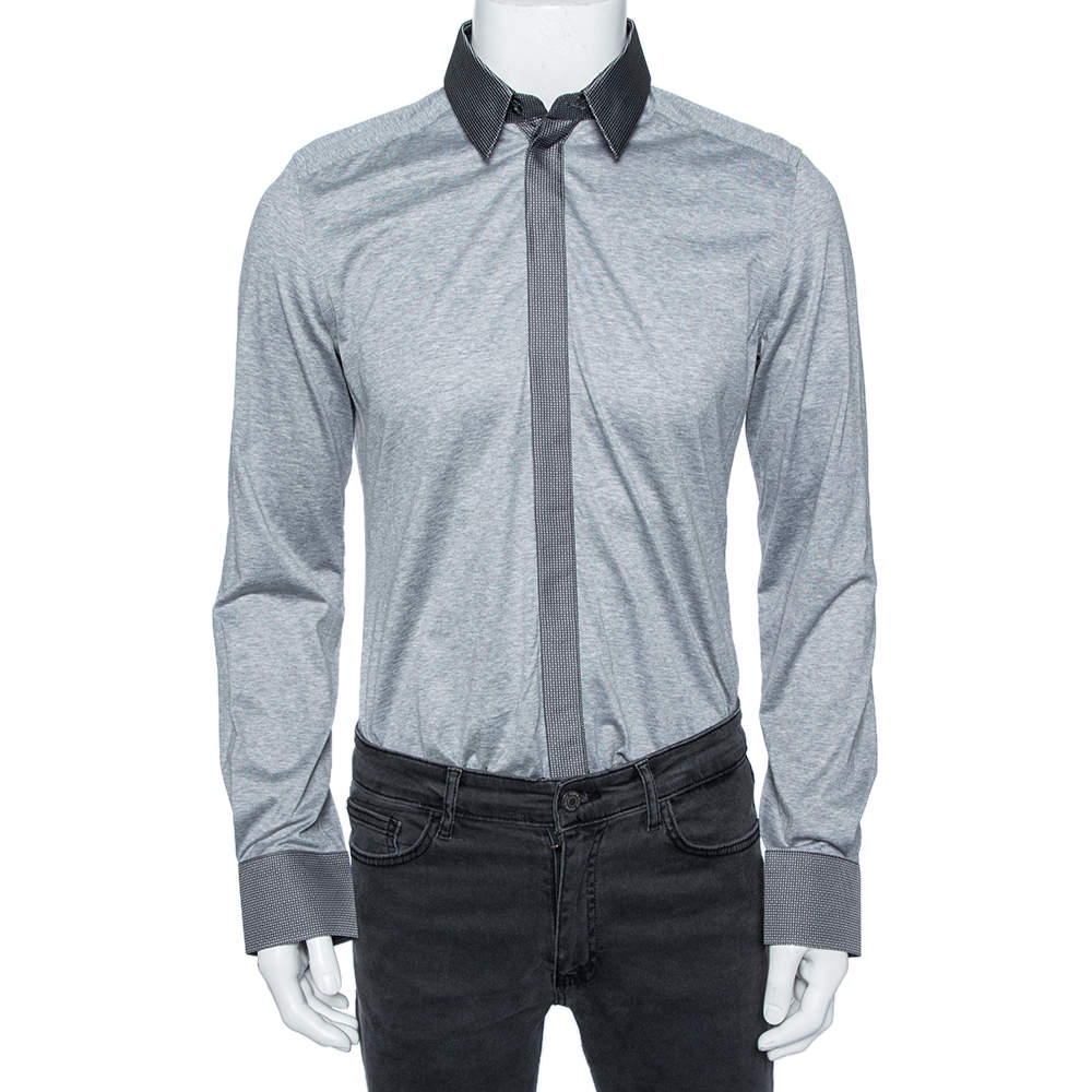 Pre Owned Dolce & Gabbana Grey Jersey Contrast Collar and Cuff Detail Shirt L