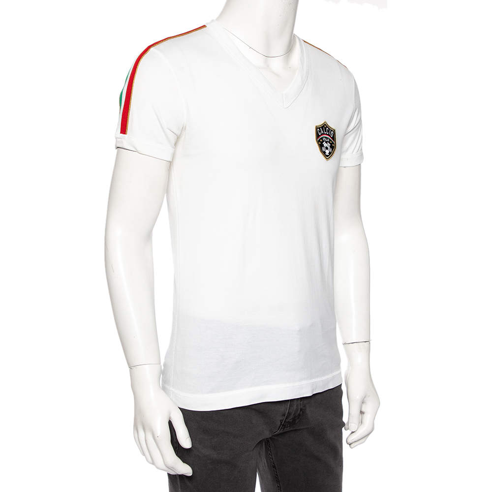 Dolce & Gabbana White Cotton Calcio Italia Shoulder Stripe Detail V-Neck  T-Shirt M