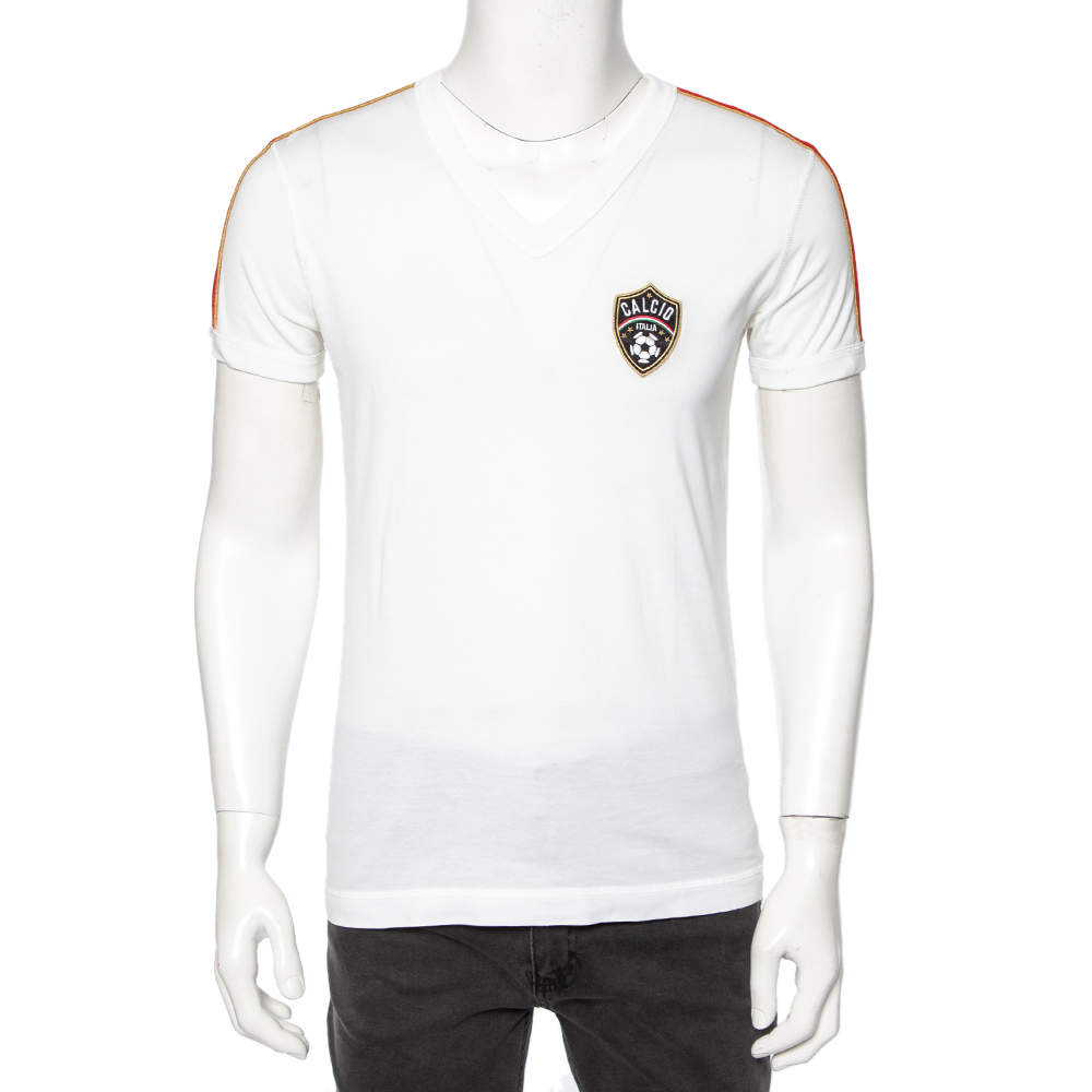Pre Owned Dolce & Gabbana White Cotton Calcio Italia Shoulder Stripe Detail V-Neck T-Shirt M