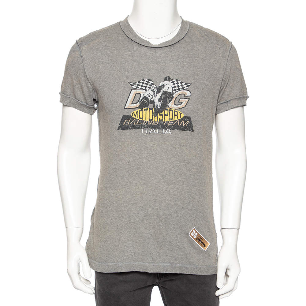 مملوكة مسبقًا Dolce & Gabbana Grey Cotton Muddy Effect Printed T-Shirt M