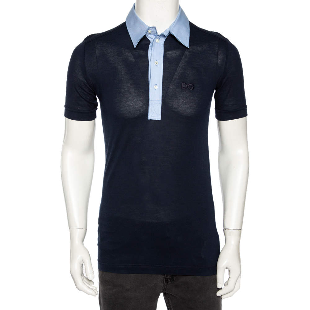 Pre Owned Dolce & Gabbana Navy Blue Jersey Contrast Collar Detail Polo T Shirt M