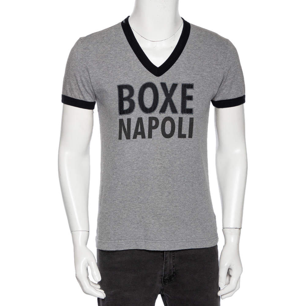 Dolce & Gabbana Grey Cotton Boxe Napoli V Neck T Shirt M