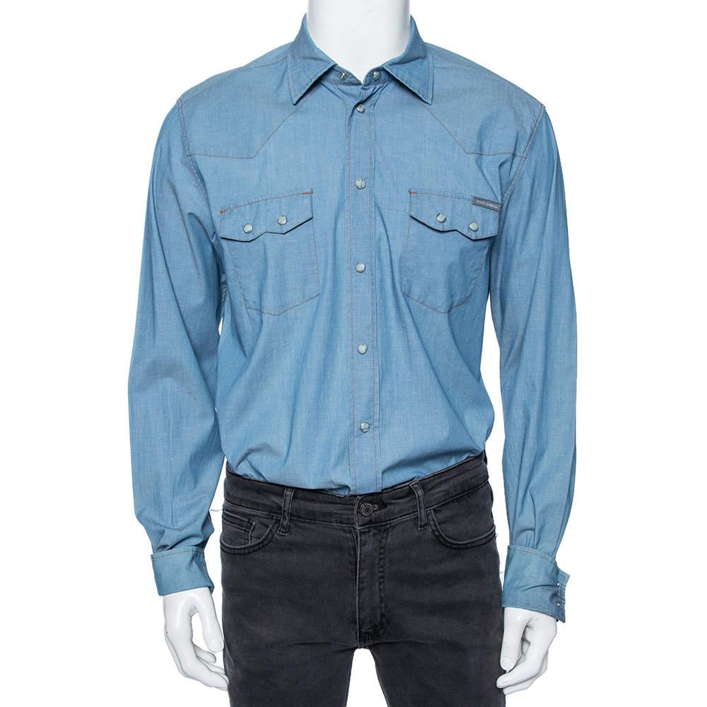 Dolce & Gabbana Light Blue Cotton Patch Pocket Detail Shirt XL 