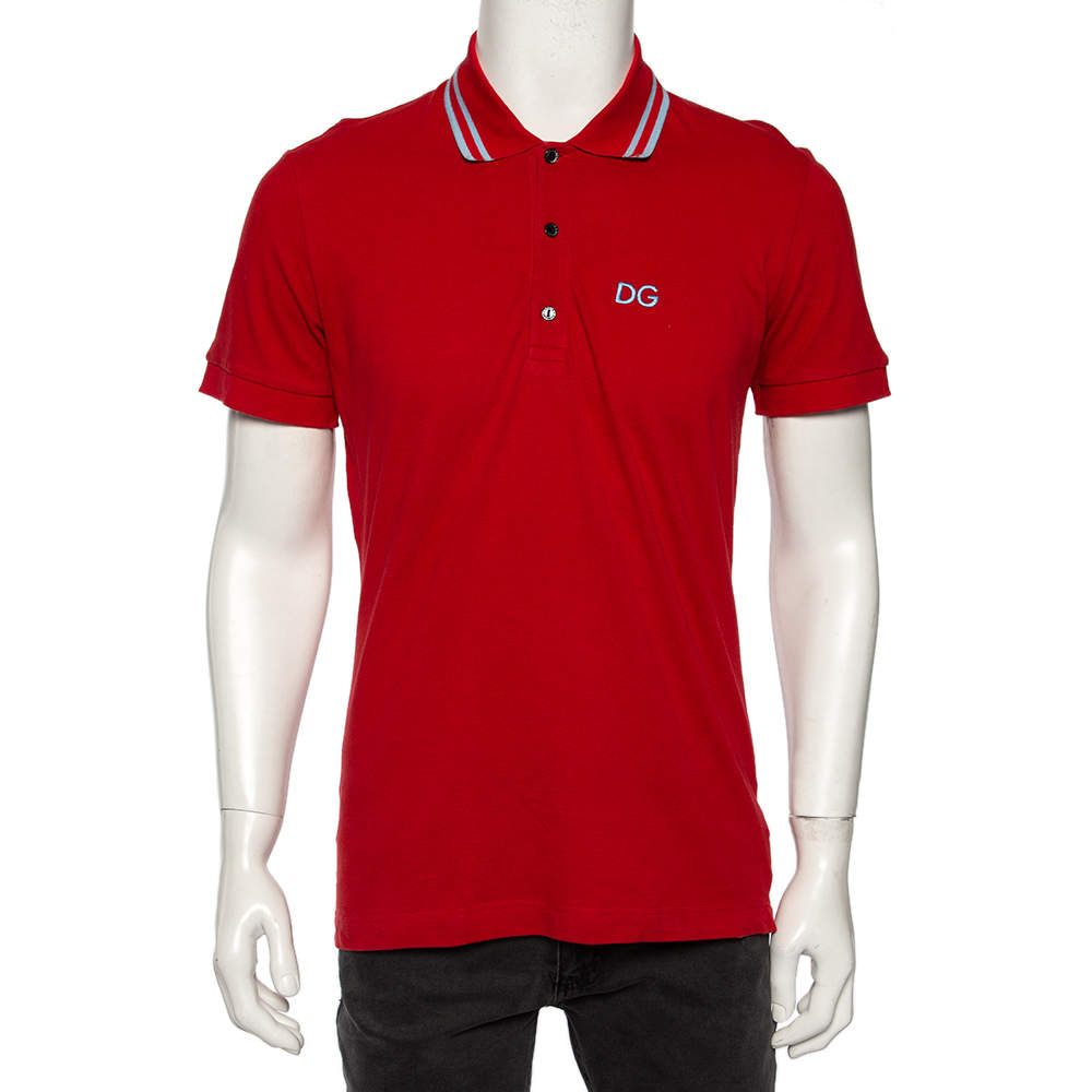 مملوكة مسبقًا Dolce & Gabbana Red Cotton Pique Striped Collar Detail Polo T-Shirt L 