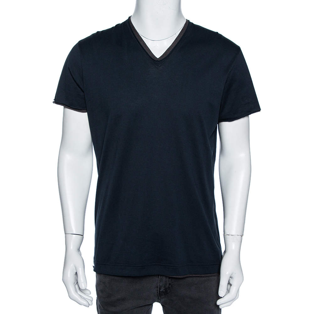 Pre Owned Dolce & Gabbana Navy Blue Jersey Contrast Trim Detail T-Shirt L 