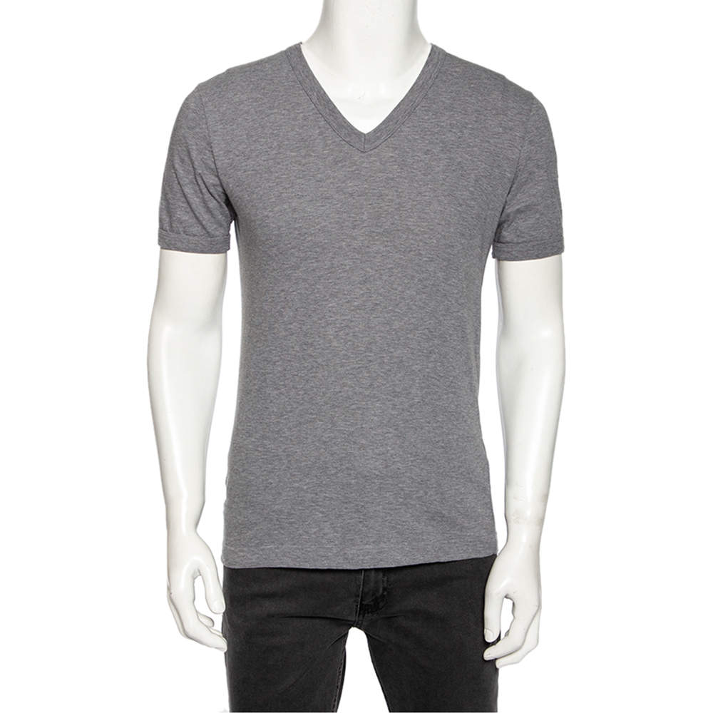 Dolce & Gabbana Grey Cotton V Neck T-Shirt S