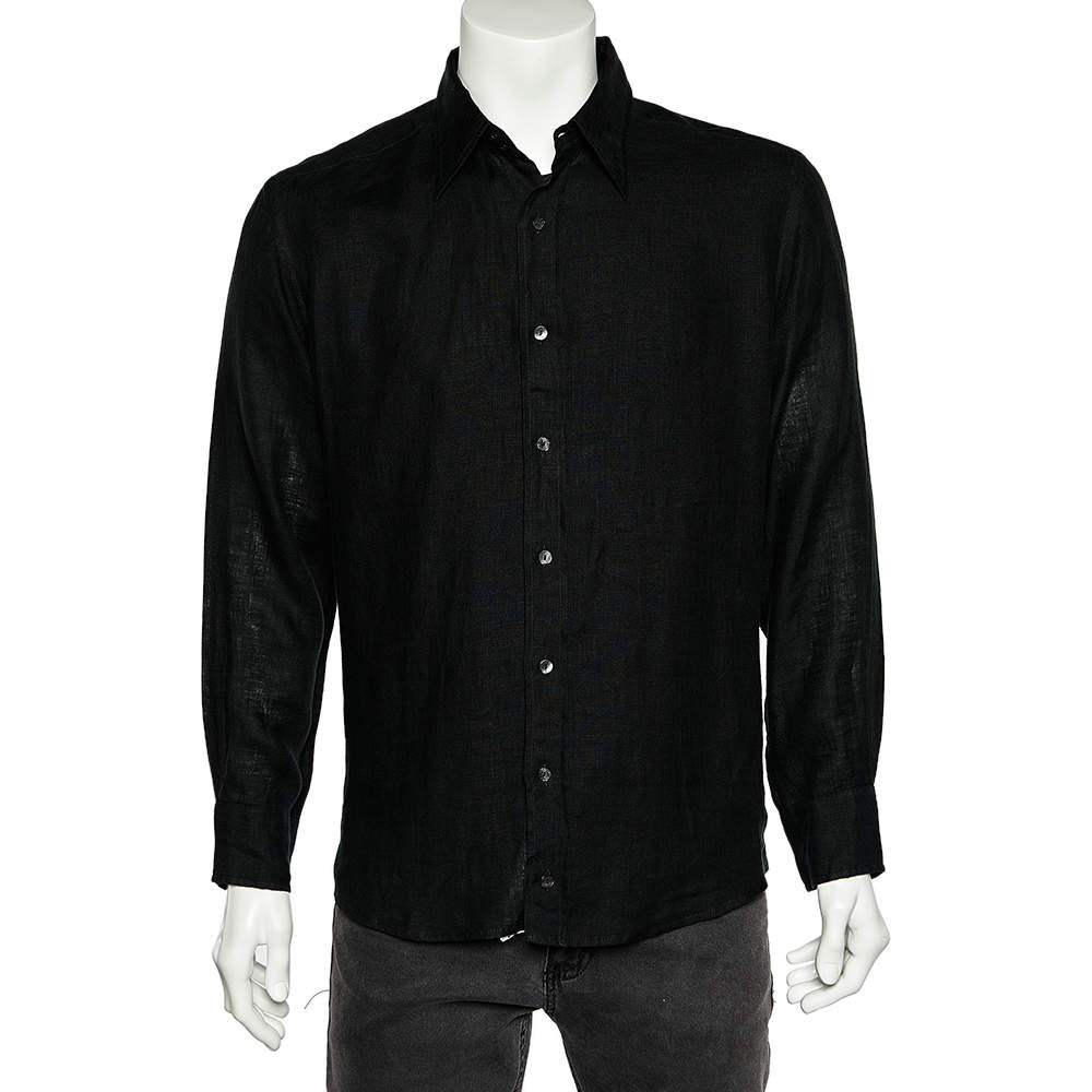 Pre Owned Dolce & Gabbana Black Linen Button Front Shirt L 