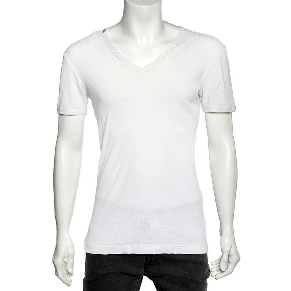 Dolce & Gabbana White Rib Knit V-Neck T-Shirt L