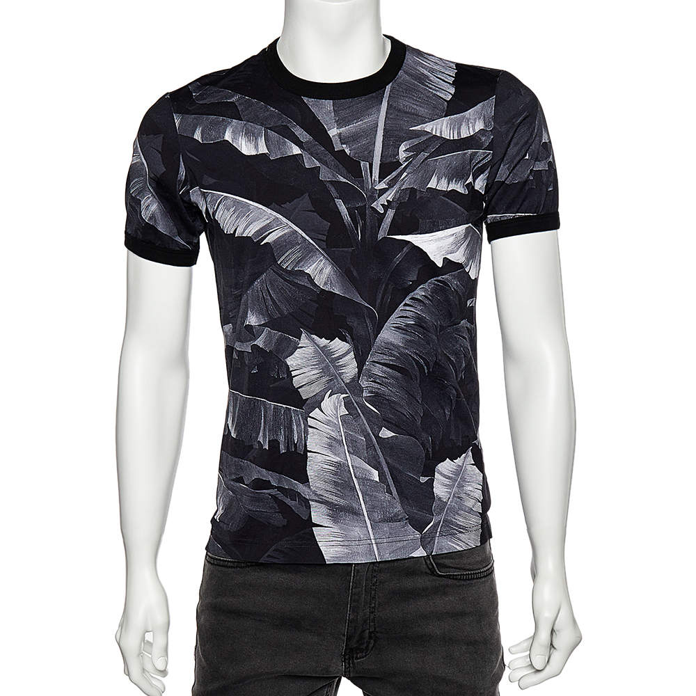 Pre Owned Dolce & Gabbana Black Banana Leaf Printed Cotton Crewneck T-Shirt M