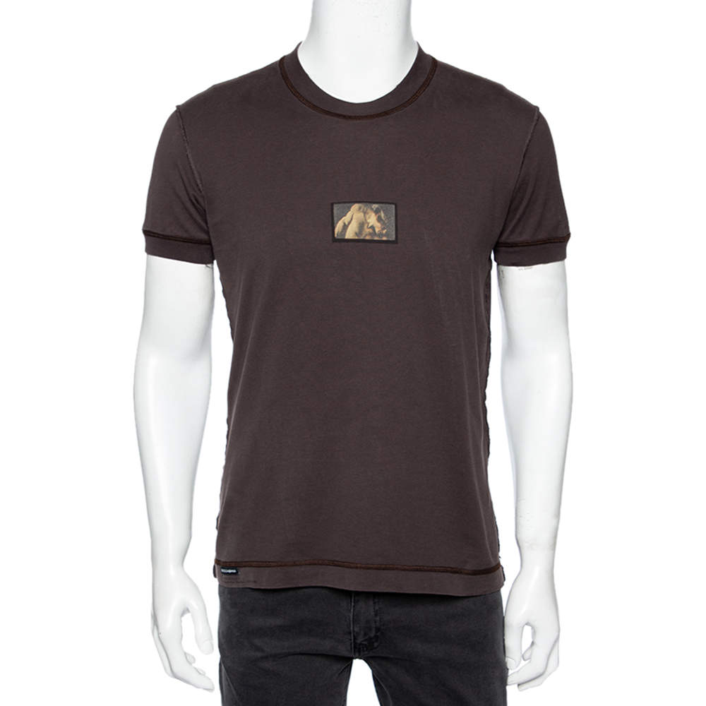 Pre Owned تي شيرت دولتشي أند غابانا راويدج قطن بني مطبوع رقبة مستديرة مقاس متوسط - ميديوم