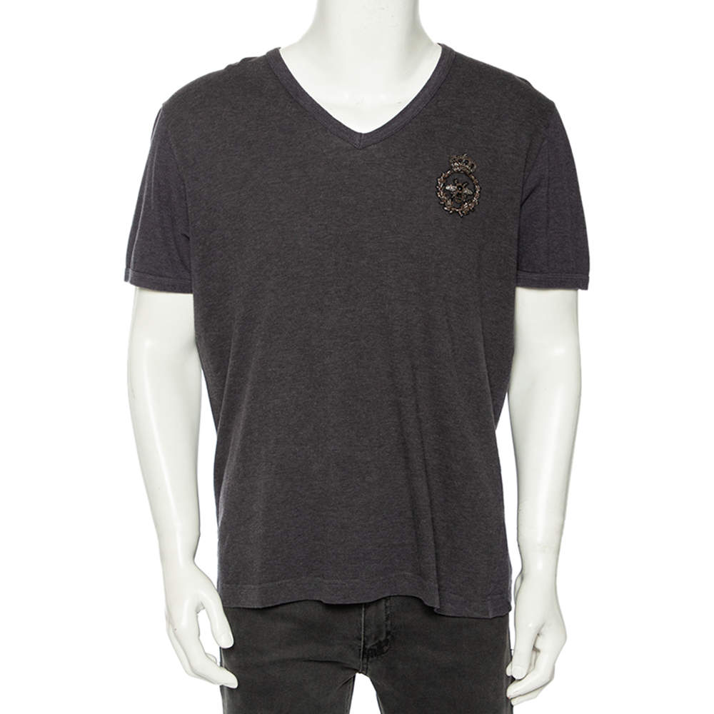 Pre Owned Dolce & Gabbana Grey Cotton Crown & Bee Patch V-Neck T Shirt XXXL