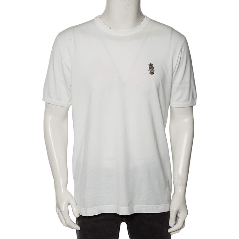 Pre Owned Dolce & Gabbana White Cotton Embroidered Owl Detailed T-Shirt XXXL