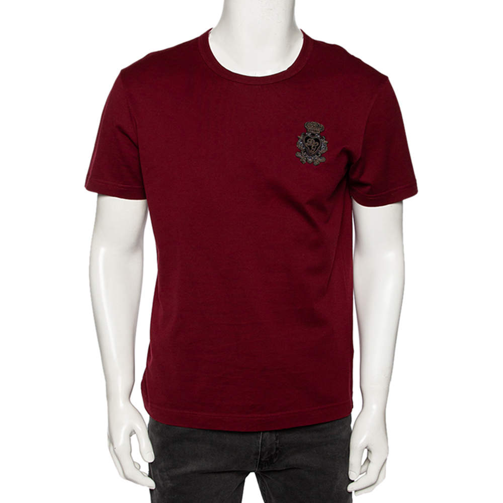 Pre Owned Dolce & Gabbana Maroon Cotton Logo Embroidered Short Sleeve T-Shirt M