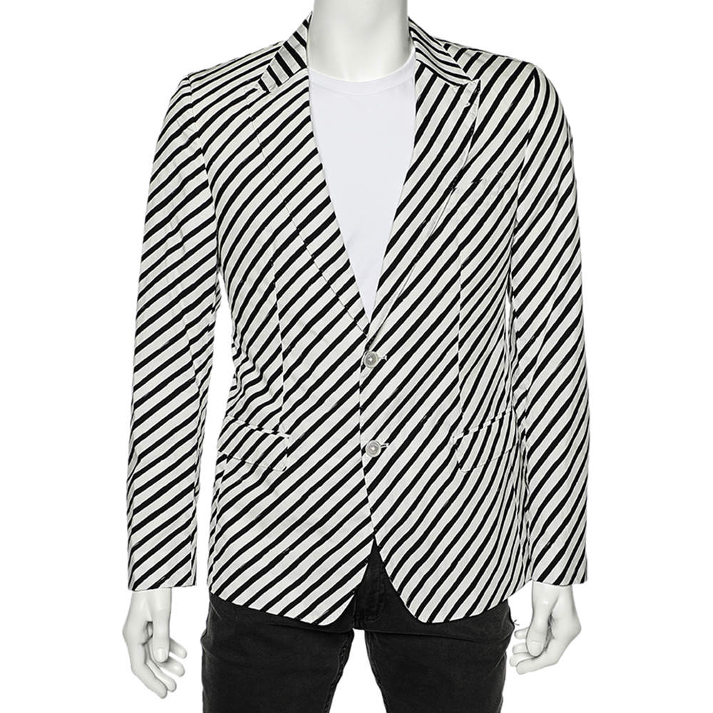 Pre Owned Dolce & Gabbana Monochrome Striped Cotton Button Front Blazer M