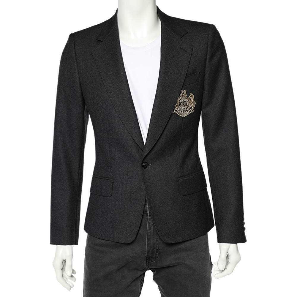 Pre Owned بليزر دولتشي أند غابانا مطرز شعار تاج صوف رمادي مقاس صغير